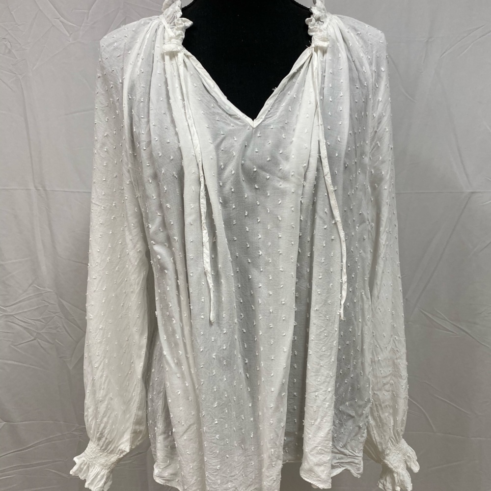 White Dobby Dot Peasant Top